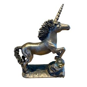 Vintage 1980s Pewter Unicorn Paperweight with Swarovski rainbow crystal ball